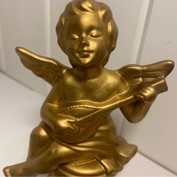 Vintage gold cherub figurine winged angel boy playing instrument small statue - Picture 5 of 15